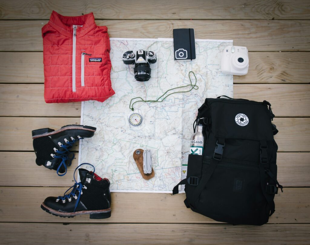 Hiking gear and a map