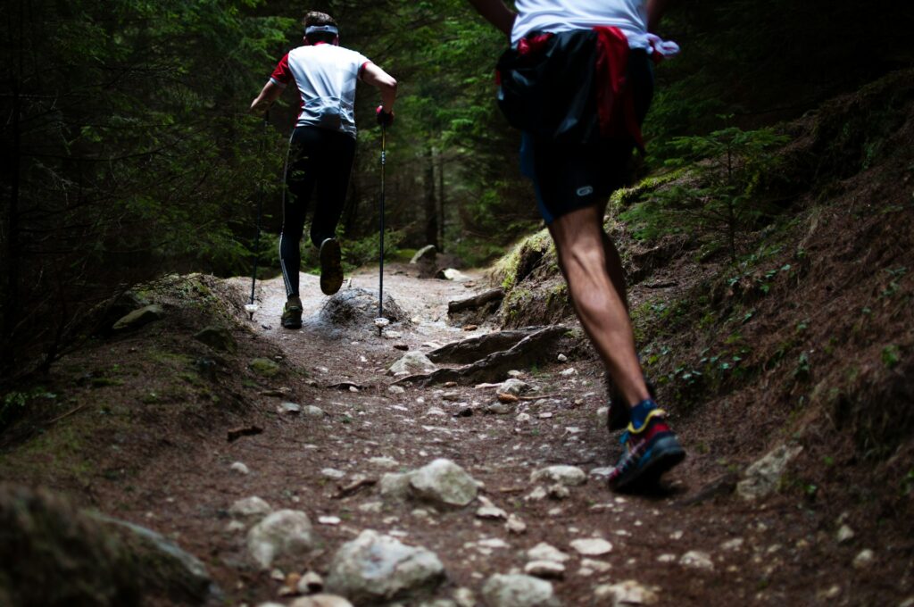 Two people hiking on a trail