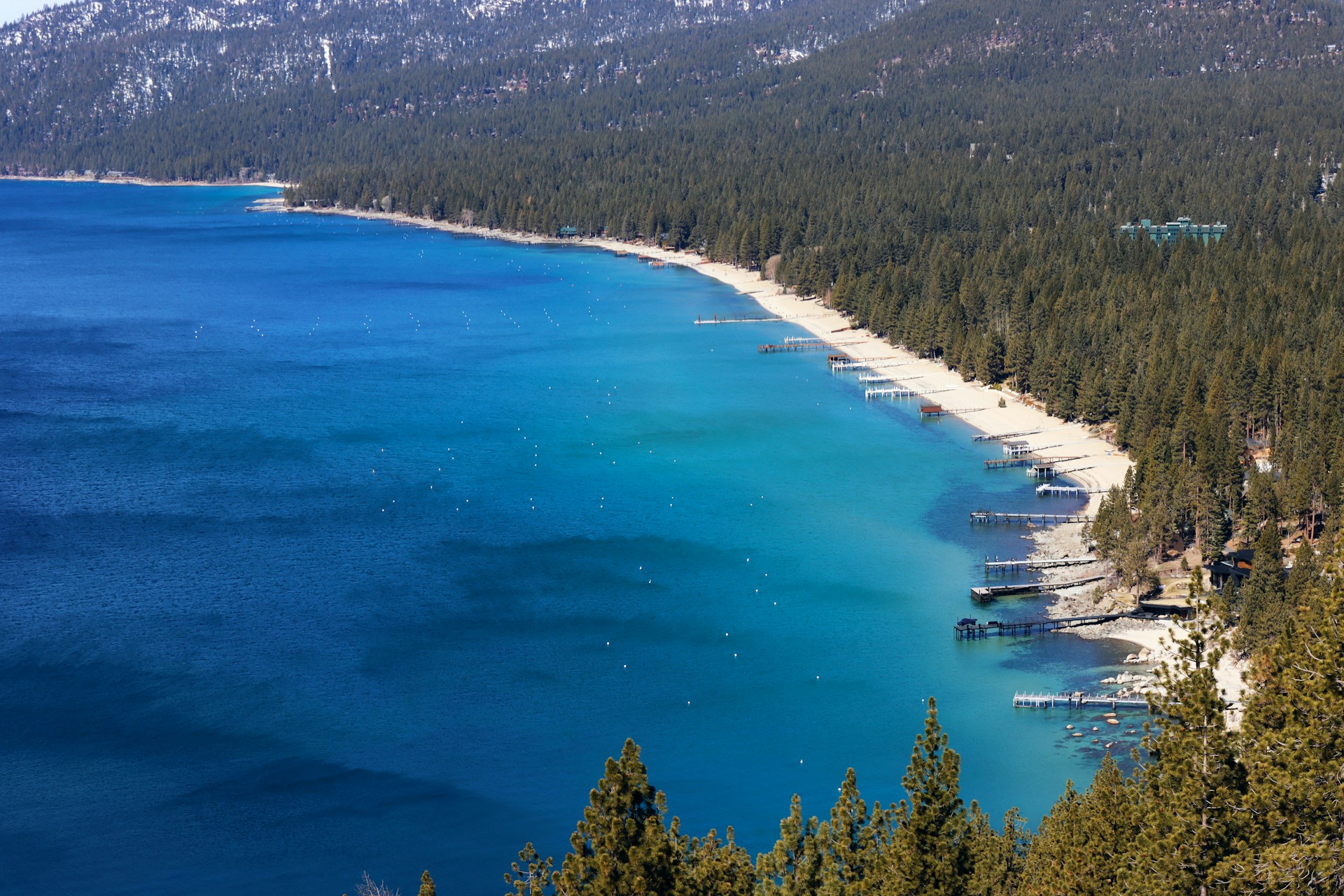 Aerial view of lake with beaches